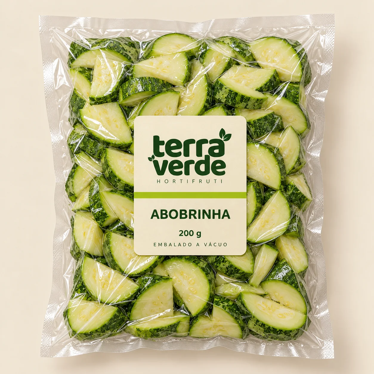 Proposta de embalagem a vácuo de abobrinha Terra Verde, 200 g