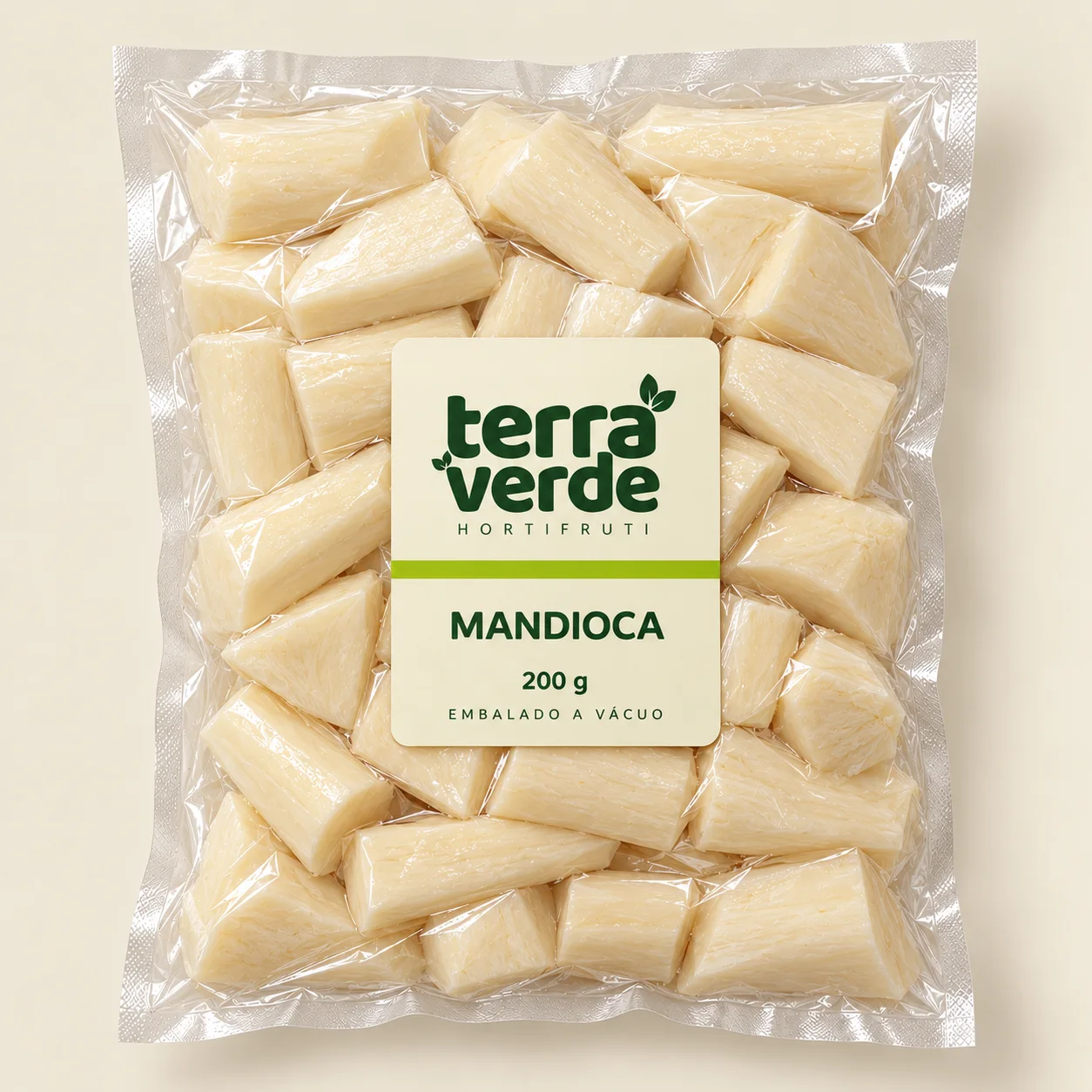 Proposta de embalagem a vácuo de mandioca Terra Verde, 200 g