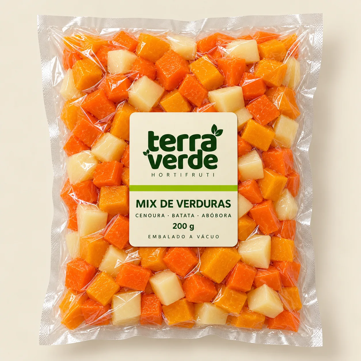 Proposta de embalagem a vácuo do mix de cenoura, batata e abóbora Terra Verde, 200 g